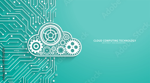 Concept of Cloud Computing. Gears with a cloud shape on a circuit board. Modern abstract background. Database computing, online storage, Data storage, and IOT. Vector illustration.