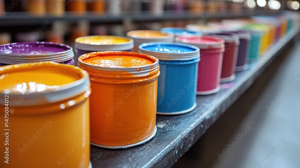 Vibrant paint cans organized on a shelf in an art studio Vibrant paint cans organized on a shelf in an art studio