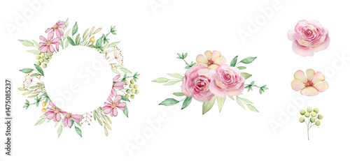 Elegant Floral decoration frame and bouquet with watercolor pink flowers and green leaves