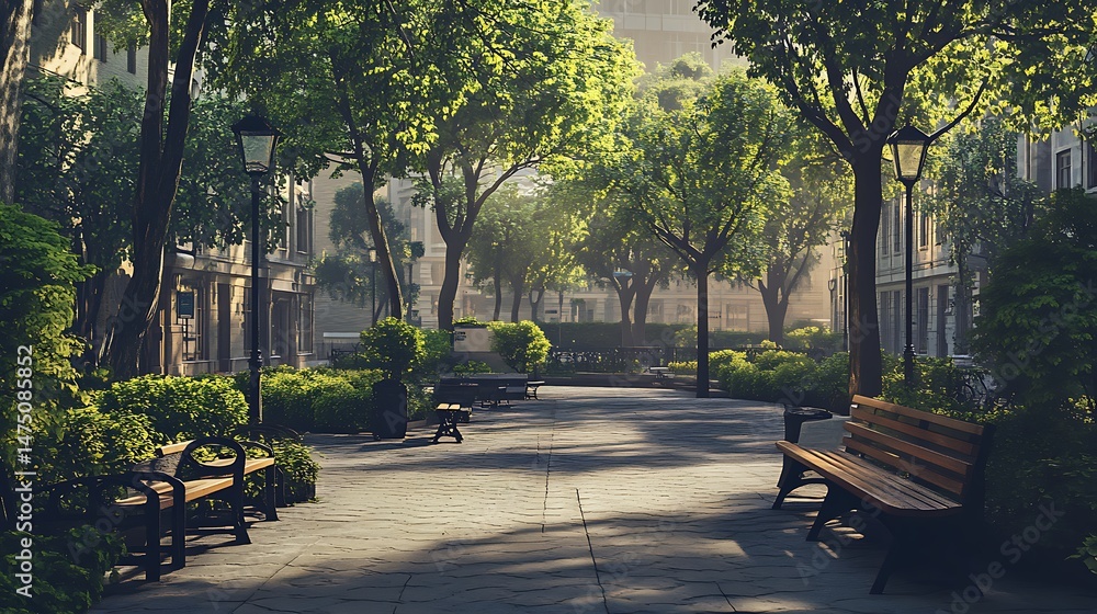 Obraz premium Pathway in Urban Park Surrounded by Green Trees and Sunshine high resolution picture
