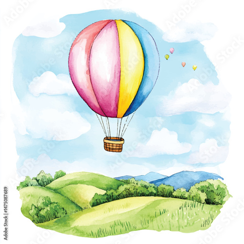  Cute cartoon watercolor A colorful hot air balloon