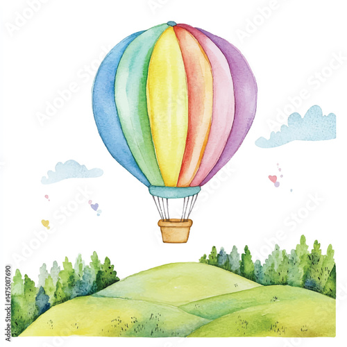  Cute cartoon watercolor A colorful hot air balloon