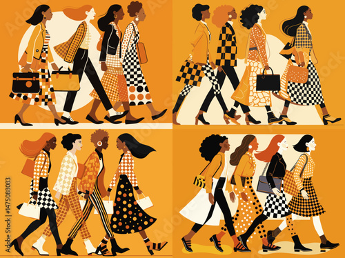 Stylish Women Walking: A vibrant illustration showcasing diverse women in stylish checkered and patterned outfits strolling confidently.
