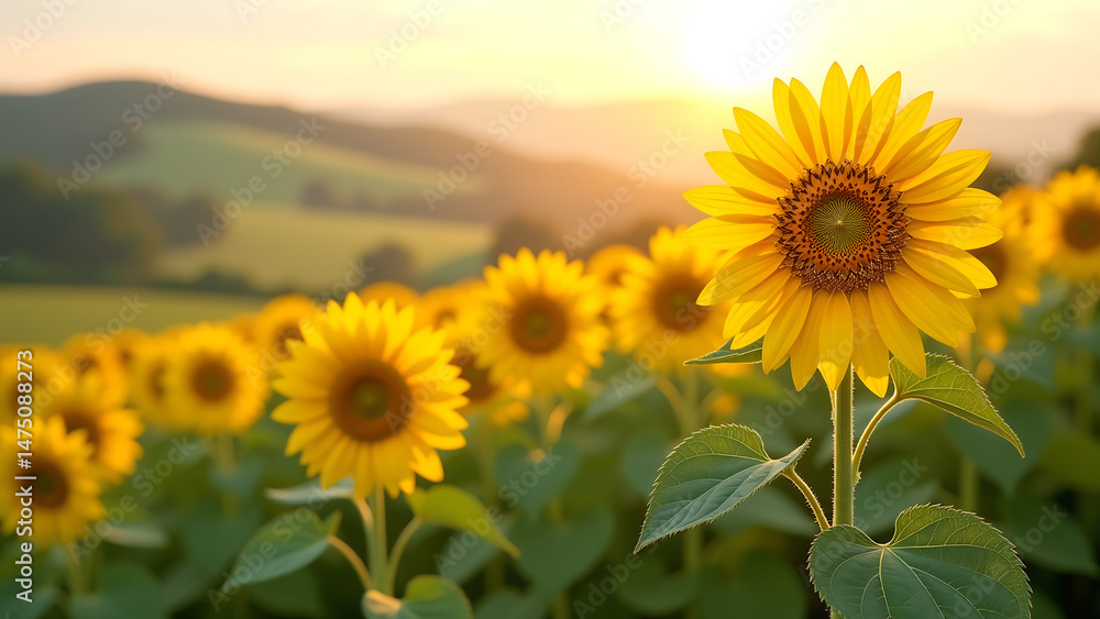 Fototapeta premium vibrant yellow sunflower field stretches across rolling countryside towering flowers swaying gently soft morning light warm