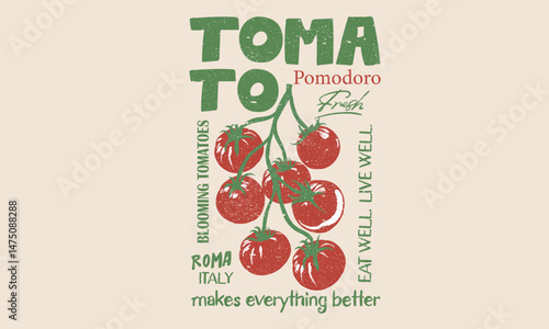 Tomato vegetable artwork for t shirt print, poster, sticker and other uses. Eat well live well. Tomato local farm. Red tomato vintage t-shirt design. Organic vegetable farm.