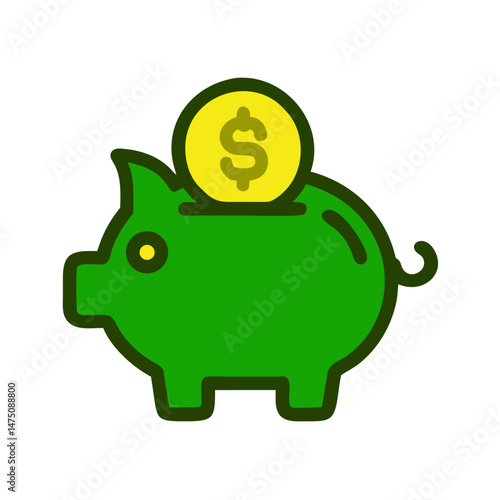 Colorful cartoon illustration of a green piggy bank with a dollar coin, symbolizing savings and finance
