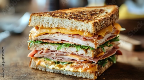 A fast food-style club sandwich stacked with turkey, ham, and Swiss cheese