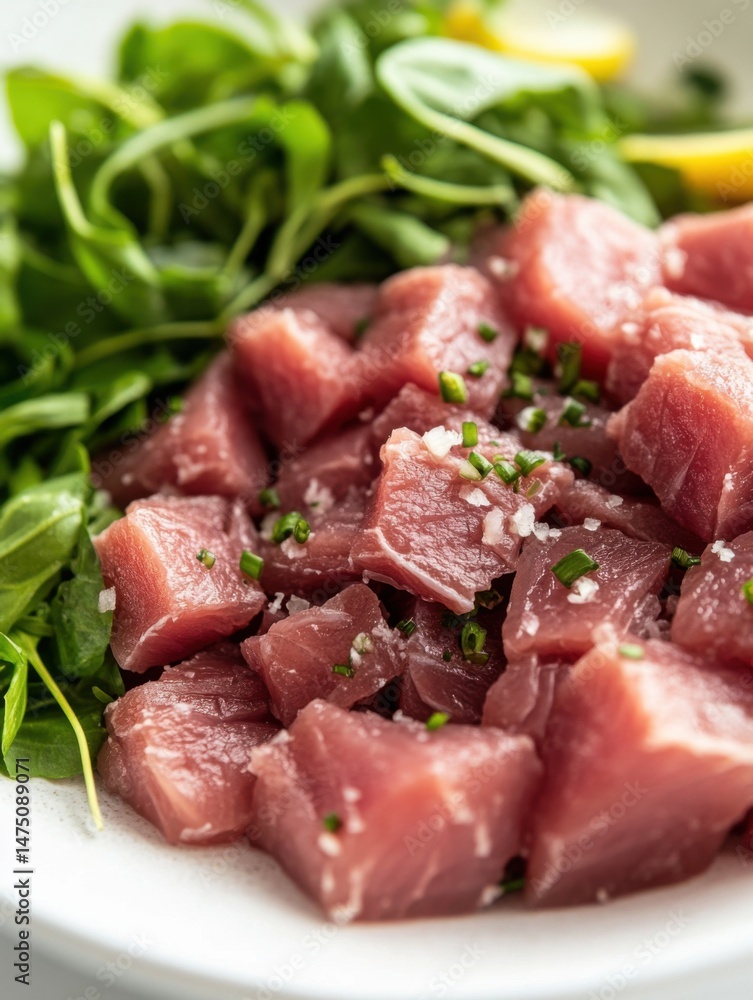 Close-up of Tuna Poke Bowl with Greens and Lemon Wedges on White Plate, Overhead Shot, Natural Light, Studio Close-up of Tuna Poke Bowl with Greens and Lemon Wedges on White Plate, Overhead Shot, Natural Light, Studio