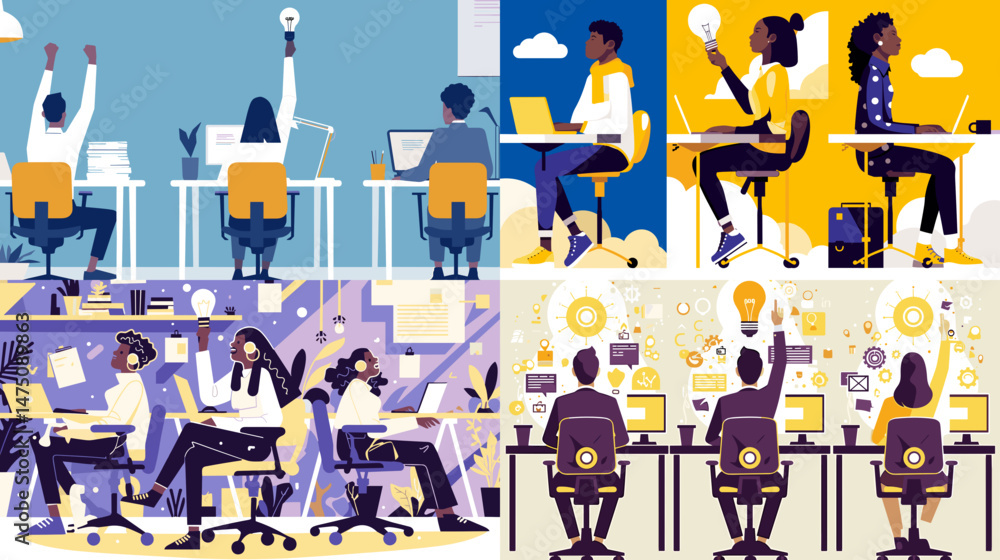 Naklejka premium Innovative Office Collaboration: An artistic collage showcases dynamic office scenes of diverse professionals engaged in creative collaboration, teamwork, and idea-sharing in vibrant setting.