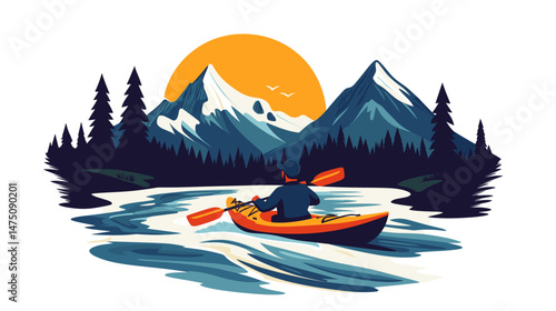 Vector Illustration for t-shirt of A kaykaker on wild river in mountain landscape, , isolated on white background, colorful illustrations, simple shapes, flat color. Outdoor adventure in wilderness. A