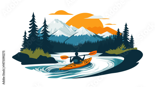 Vector Illustration for t-shirt of A kaykaker on wild river in mountain landscape, , isolated on white background, colorful illustrations, simple shapes, flat color. Outdoor adventure in wilderness. A