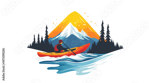 Vector Illustration for t-shirt of A kaykaker on wild river in mountain landscape, , isolated on white background, colorful illustrations, simple shapes, flat color. Outdoor adventure in wilderness. A