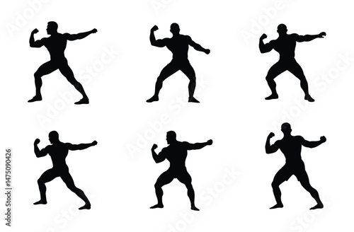 Wallpaper Mural Silhouettes, martial arts kicks, karate poses, dynamic movement, black figures, white background, high contrast, action sequence, side view, multiple poses, athletic stances, kicking motions. Torontodigital.ca