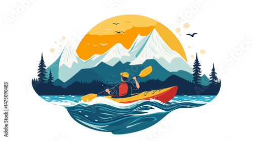 Vector Illustration for t-shirt of A kaykaker on wild river in mountain landscape, , isolated on white background, colorful illustrations, simple shapes, flat color. Outdoor adventure in wilderness. A