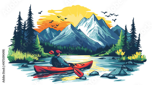 Vector Illustration for t-shirt of A kaykaker on wild river in mountain landscape, , isolated on white background, colorful illustrations, simple shapes, flat color. Outdoor adventure in wilderness. A
