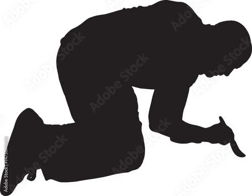  vector silhouette,man on knees painting on the floor with a brush