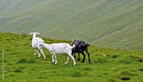 goat gazing on the mountains looking a majestic and peaceful serene on the peak