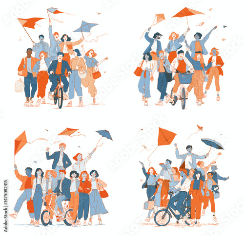 Colorful Kite Festival Collage: A collection of illustrations showcases people joyfully participating in a kite festival.