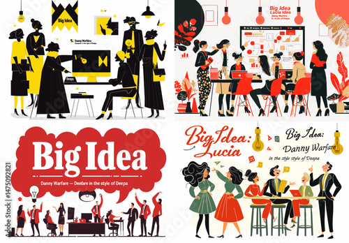 Visionary Ideas: A creative confluence of design, collaboration, and the genesis of big ideas, illustrated in a vibrant mosaic of diverse perspectives, teamwork, and innovation.