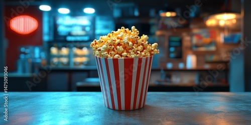 Tasty popcorn in a classic striped bucket at a cozy cinema snack bar during an evening movie