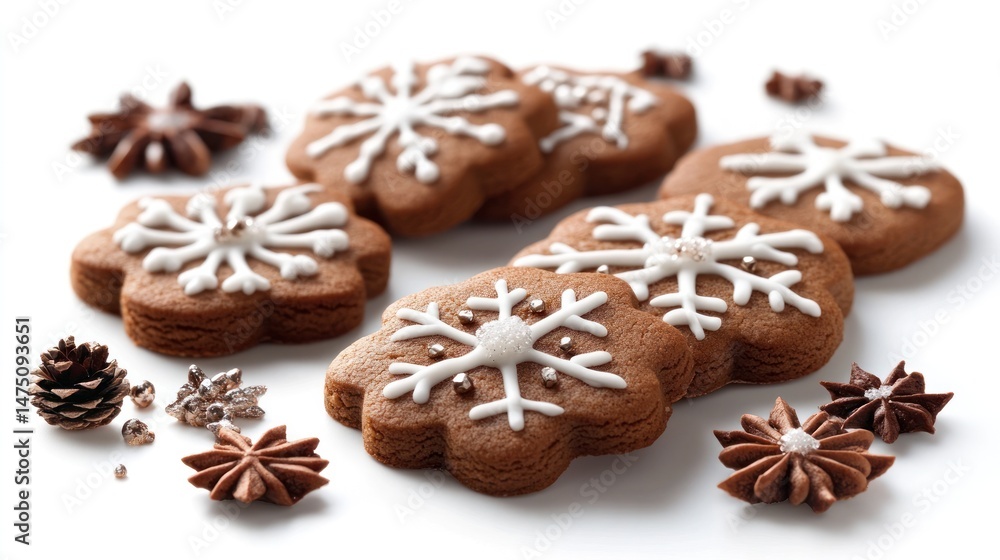 Delicious homemade gingerbread cookies decorated with intricate snowflake designs on a plain white background perfect for the winter holiday season Delicious homemade gingerbread cookies decorated with intricate snowflake designs on a plain white background perfect for the winter holiday season