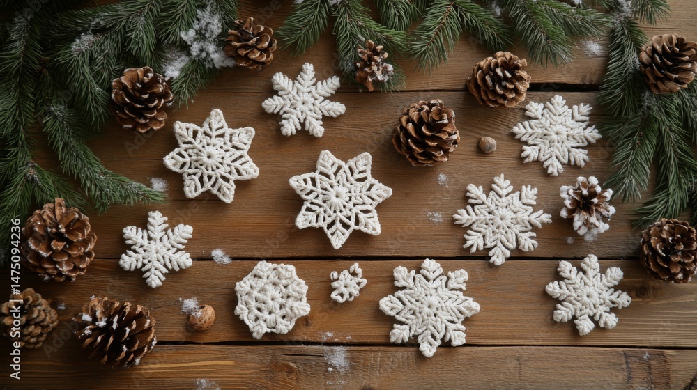Fototapeta premium White Snowflakes and Pine Cones on Rustic Wooden Background