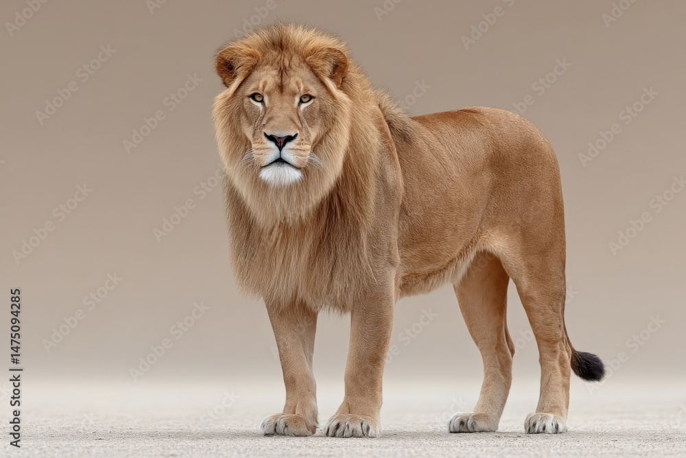 Obraz premium Majestic lion posing elegantly against a neutral backdrop in a wildlife sanctuary during daylight hours