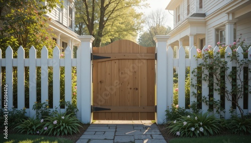 Wooden Gate Between White Picket Fence on a Sunny Day in a Suburban Neighborhood
