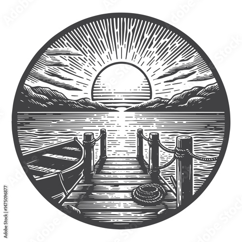 Vintage Hand-Drawn Dock in Sunset Illustration – Coastal Scene Engraved Style Vector for T-Shirts, Posters, Stickers, and Nautical Themes Apparel