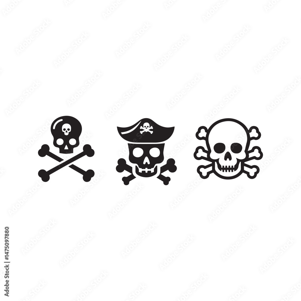 Three black and white skull icons for pirate-themed design.Three simple, black and white skull icons, one with a pirate hat and two with crossed bones, set against a plain white background. Three black and white skull icons for pirate-themed design.Three simple, black and white skull icons, one with a pirate hat and two with crossed bones, set against a plain white background.