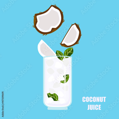 Vector illustration of cartoon style drinks, coconut water, fruit juice, and ice in tall glass. Bright and fun modern style. Use for designing drink menus, advertisements, food, and health websites.
