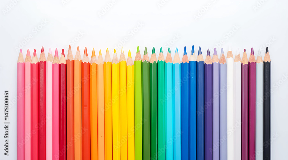 Obraz premium Vibrant Rainbow-Colored Pencils Arranged in Gradient Order on White Background.