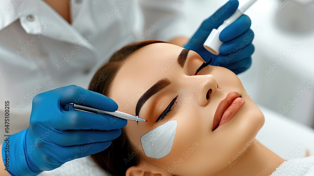 Naklejka premium The woman is face waxed wearing a blue surgical mask and a blue surgical cap for treatment
