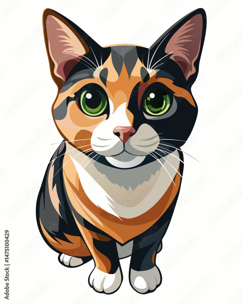 Fototapeta premium Adorable Calico Cat Portrait Green Eyes Sitting Pose Vector Illustration