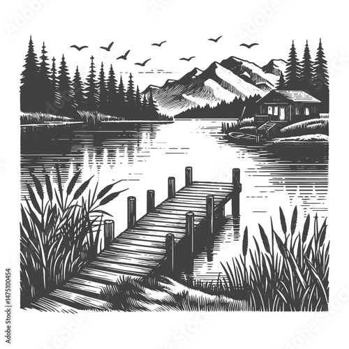 Vintage Hand-Drawn Lake Scene with Pine Forest Illustration – Nature Engraved Style Vector for T-Shirts, Posters, Stickers, and Outdoor Adventure Themes Apparel