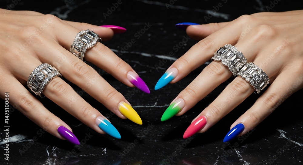 Woman's hands displaying colorful nail art and luxury rings on a marble background