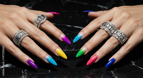 Obraz na płótnie Woman's hands displaying colorful nail art and luxury rings on a marble background w salonie