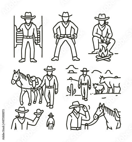 Western cowboy icons set – silhouette, simple old west symbols and characters
