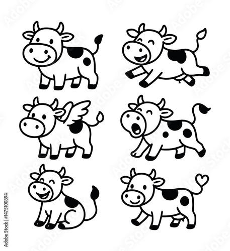 Fun cartoon cow icons set – silhouette, playful and whimsical bovine characters