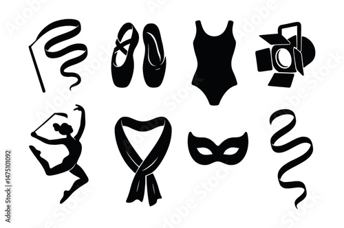 Ribbon dance accessories icons set – silhouette, simple performance and costume symbols