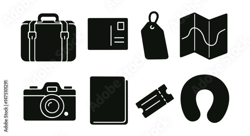 Retro travel essentials icons set – silhouette, journey and adventure symbols