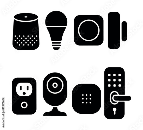 Smart home devices icons set – silhouette, home automation and tech symbols