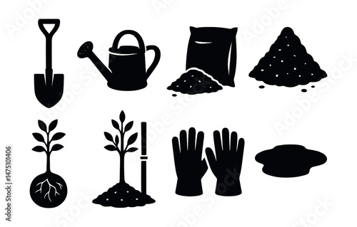 Tree planting silhouette icons set – simple gardening and reforestation visuals