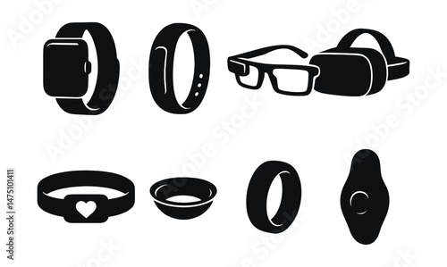 Wearable tech silhouette icons set – sleek gadgets and modern technology symbols