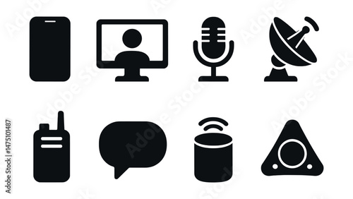Communication devices icons set – silhouette, simple, digital telecommunications symbols