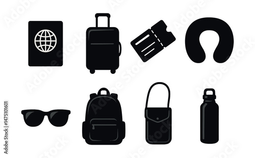 Travel essentials icons set – silhouette, journey and adventure symbols