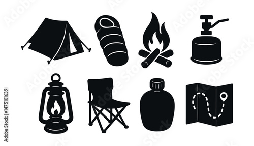Camping gear icons set – silhouette, outdoor equipment and hiking essentials