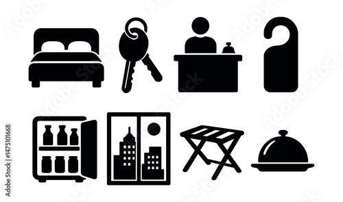Hotel room icons set – silhouette, accommodation and amenities symbols for travel