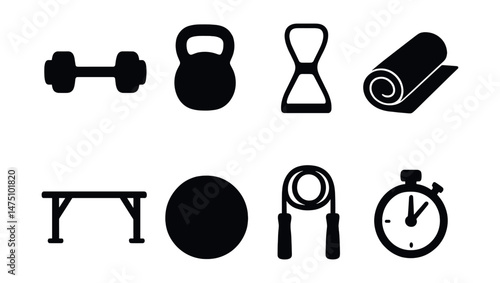 Fitness and gym silhouette icons set – workout, exercise, training symbols