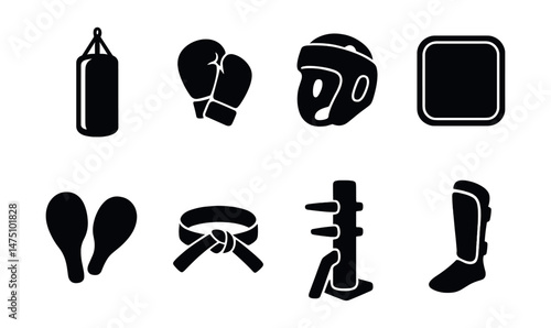 Martial arts silhouette icons set – flat, combat and self-defense symbols